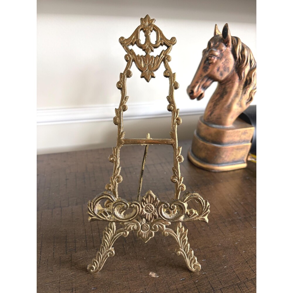 Vintage Ornate Brass Tabletop Easel Stand – Rococo Victorian Scrollwork Gold